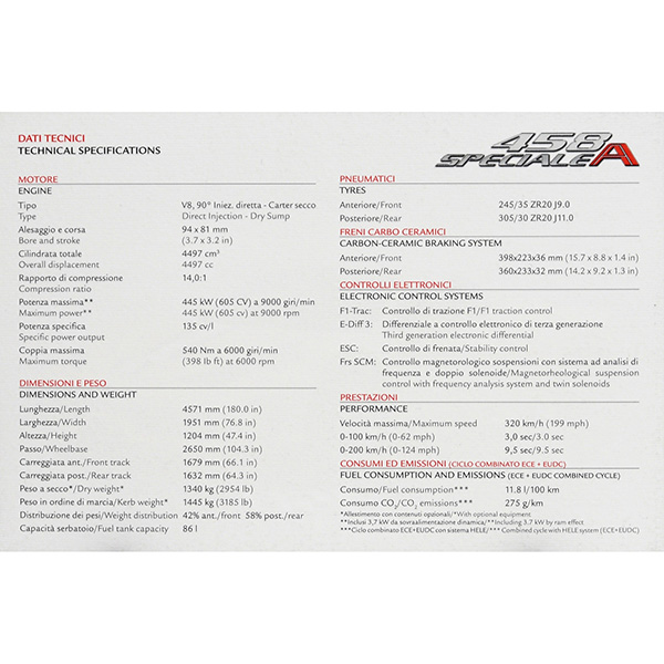 Ferrari 458 speciale A Technical Card