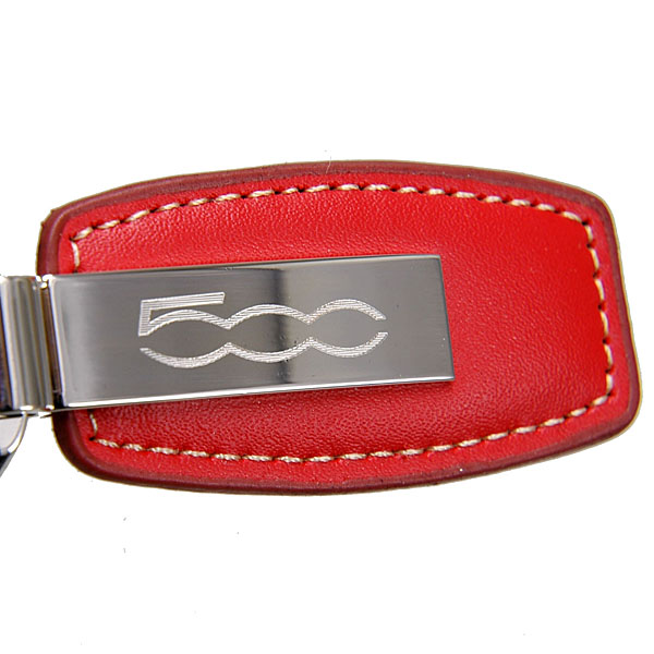 FIAT 500 Fake Leather & Plate Keyring (Red)