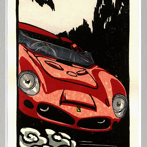 Ferrari 196SP Dino woodcut with frame by Otomaru Hanga