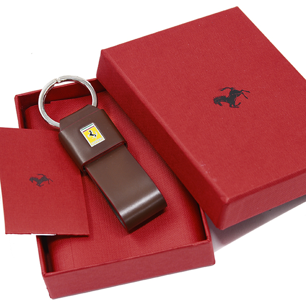 Ferrari Emblem Leather Strap Shaped Keyring(Brown)