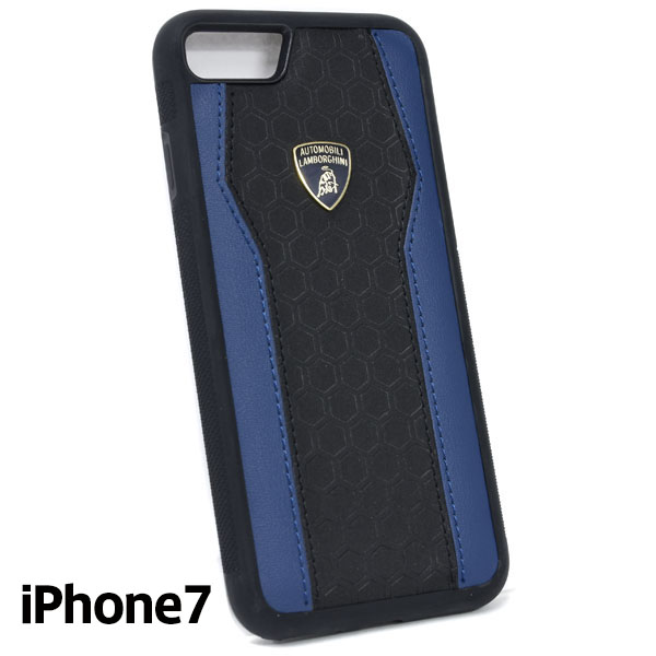 Lamborghini純正 iPhone7背面レザーケース (ブラック/ブルー)