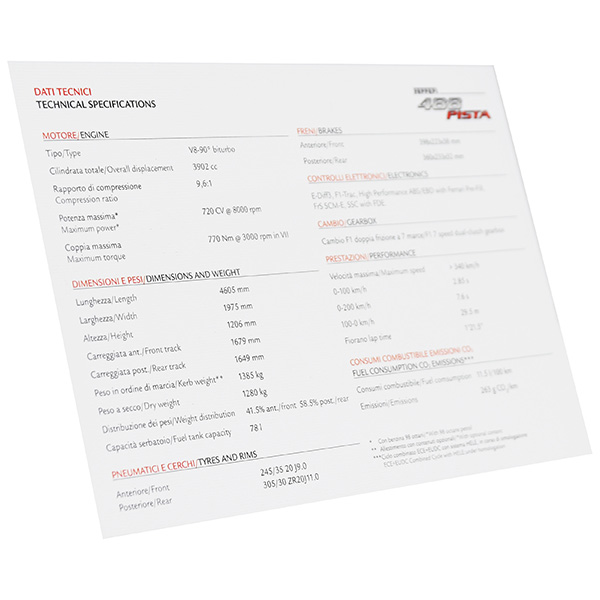 Ferrari 488Pista Technical Card