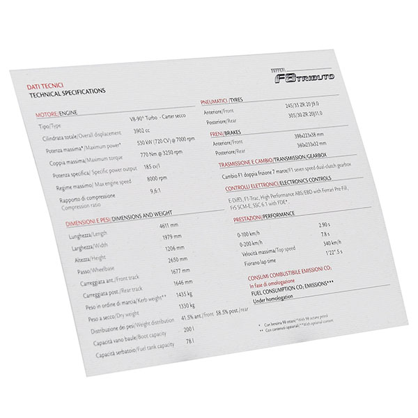 Ferrari F8 TRIBUTO Technical Card