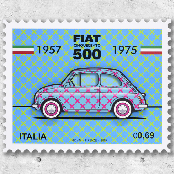 FIAT Nuova 500切手型イラストレーションby Mr.Vin -TRIS- (Large)