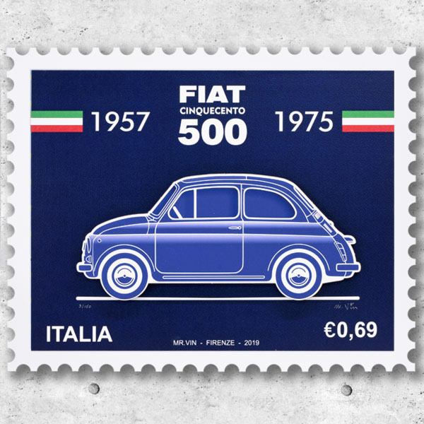FIAT Nuova 500切手型イラストレーションby Mr.Vin -BLUEPRINT- (Large)