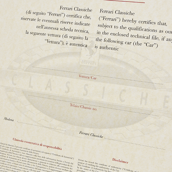 Ferrari CLASSICHE CERTIFICATA COCER Certificate