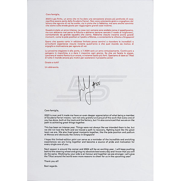 Scuderia Ferrari 2023 Singapore GP Carlos Sainz autographed illustration