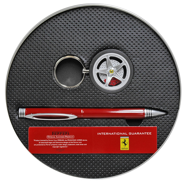 Ferrari純正ホイール型缶ケース入りボールペン&キーリングセット